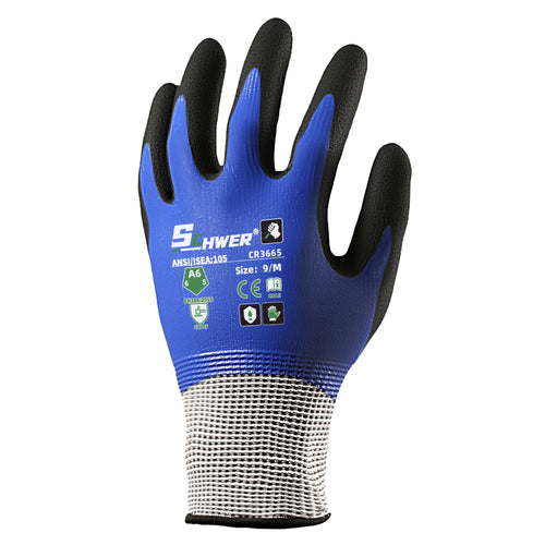 ANSI A6 Cut Resistant Gloves 13-Gauge NBR Sandy Foam Palm Coated Gloves, Blue-Core CR3665