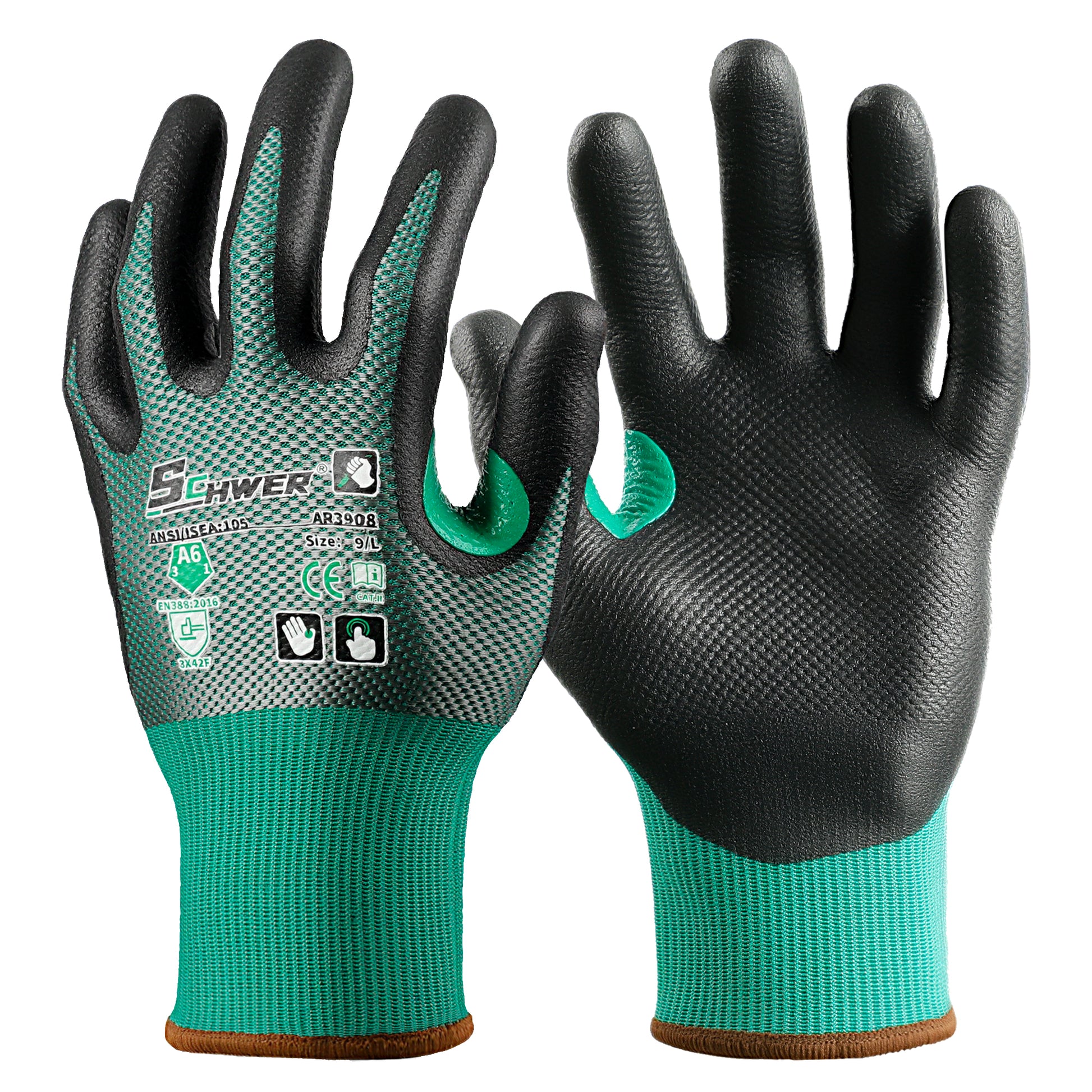 Schwer® ANSI A6 Cut Resistant Gloves 18-Gauge NBR Ultra Foam Palm Coated Gloves-Air AR3908