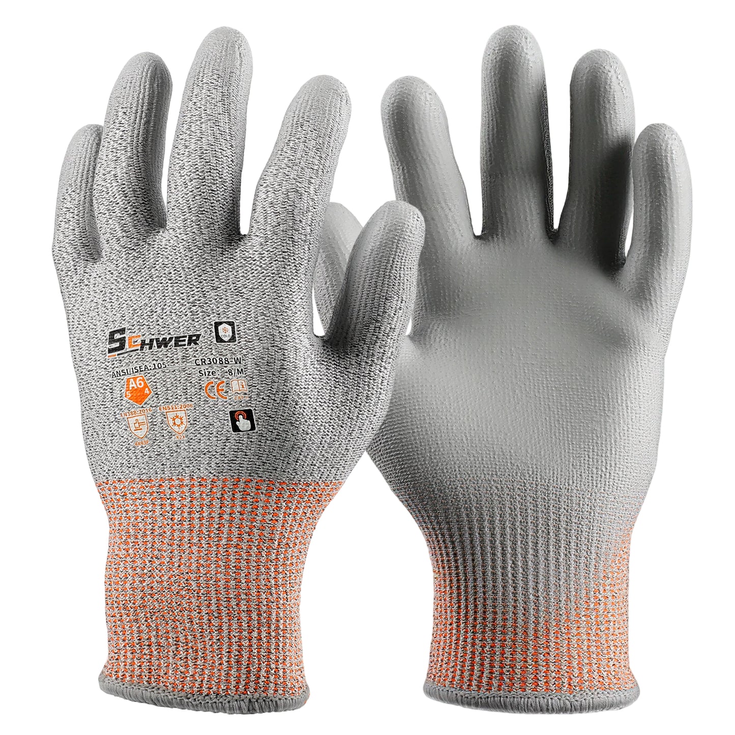 Schwer®ANSI A6 Cold Resistant Cut Resistant Gloves 15-Gauge PU Rough Palm Coated-Core CR3088-W