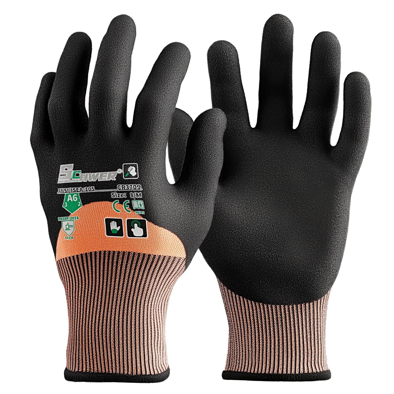 Schwer® ANSI A6 Cut Resistant Gloves 18-Gauge NBR Sandy Foam Knuckle Coated Gloves-Core CR3709