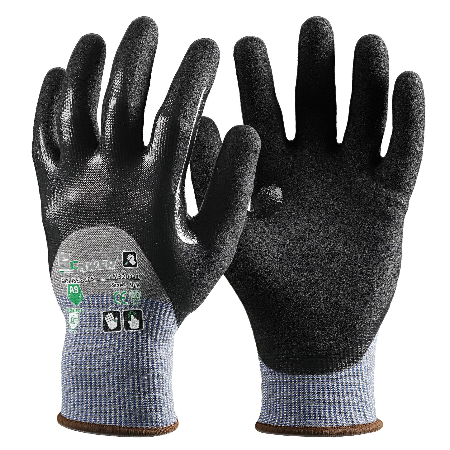 Schwer® ProMax PM3202 ANSI A9 cut resistant gloves 18-Gauge NBR Flat Sandy Foam Knuckle/Palm Coated Gloves