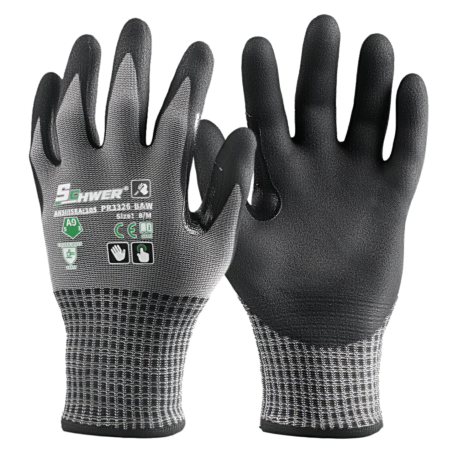 ANSI A9 Cut Resistant Gloves 13-Gauge NBR Sandy Foam Palm Coated Gloves-Schwer® ProMax PR3326-BW