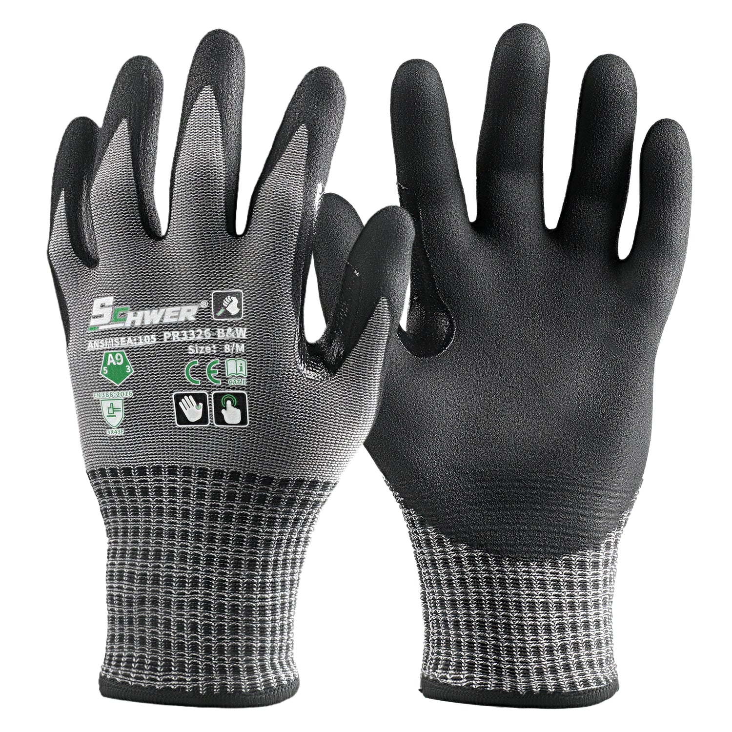 ANSI A9 Cut Resistant Gloves 13-Gauge NBR Sandy Foam Palm Coated Gloves-Schwer® ProMax PR3326-BW