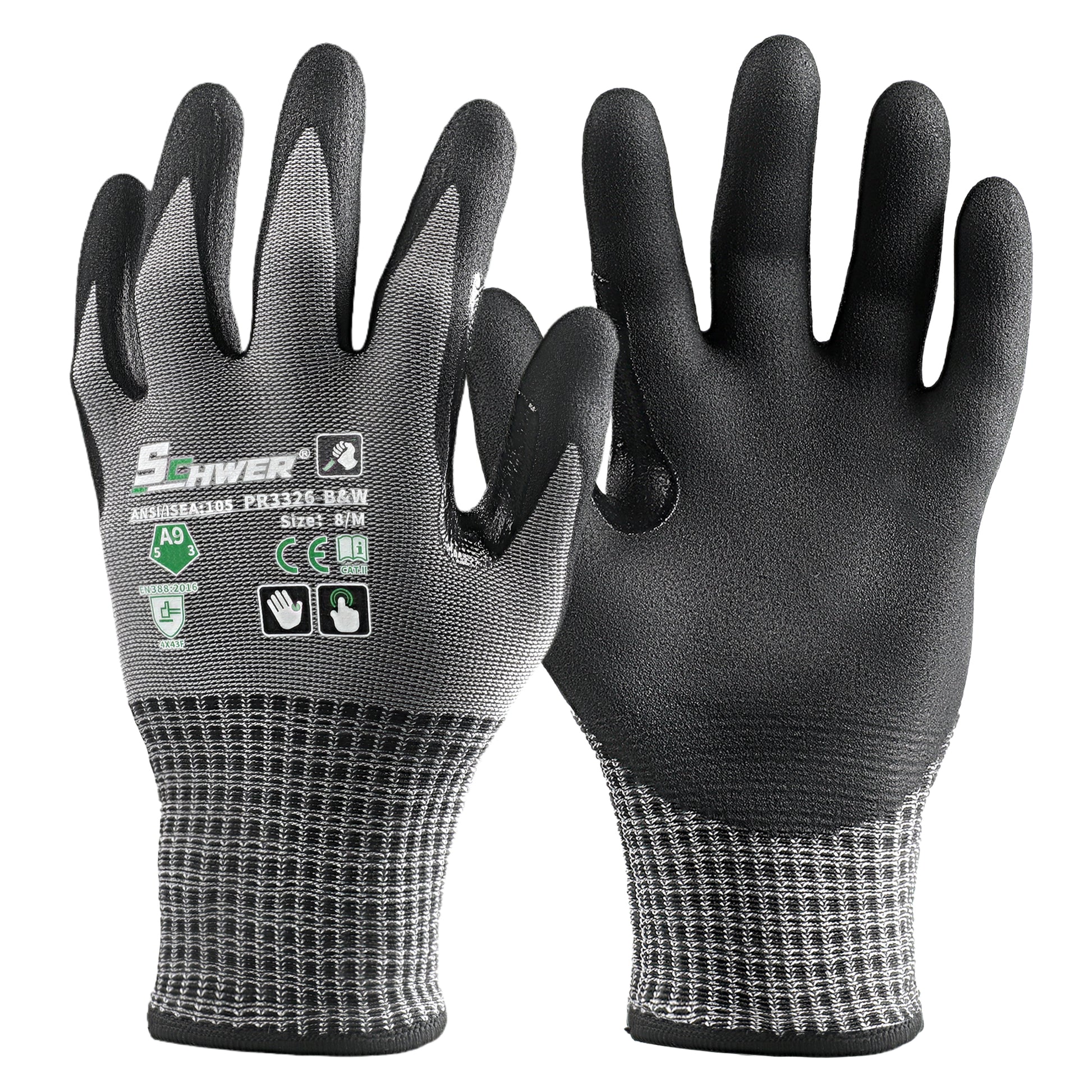 ANSI A9 Cut Resistant Gloves 13-Gauge NBR Sandy Foam Palm Coated Gloves-Schwer® ProMax PR3326-BW