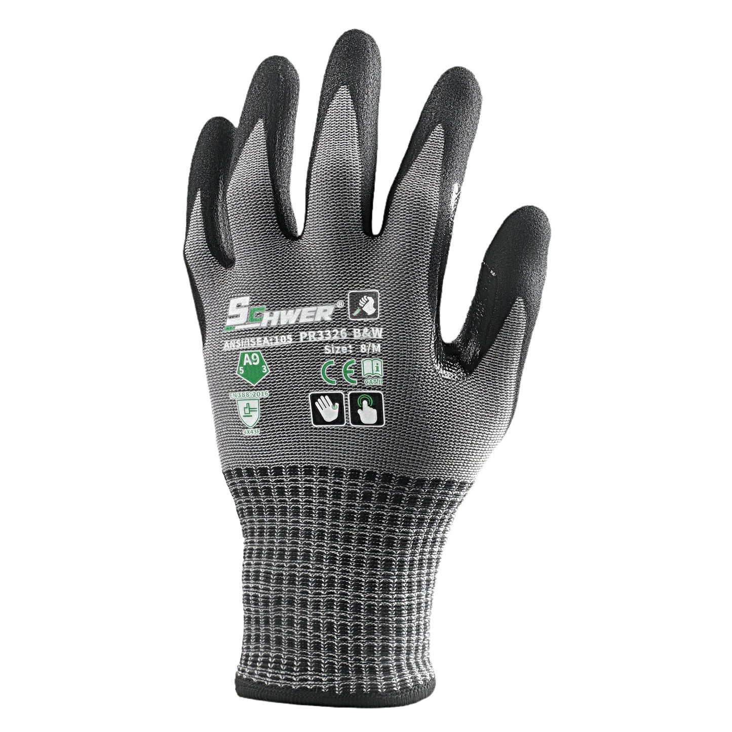 ANSI A9 Cut Resistant Gloves 13-Gauge NBR Sandy Foam Palm Coated Gloves-Schwer® ProMax PR3326-BW