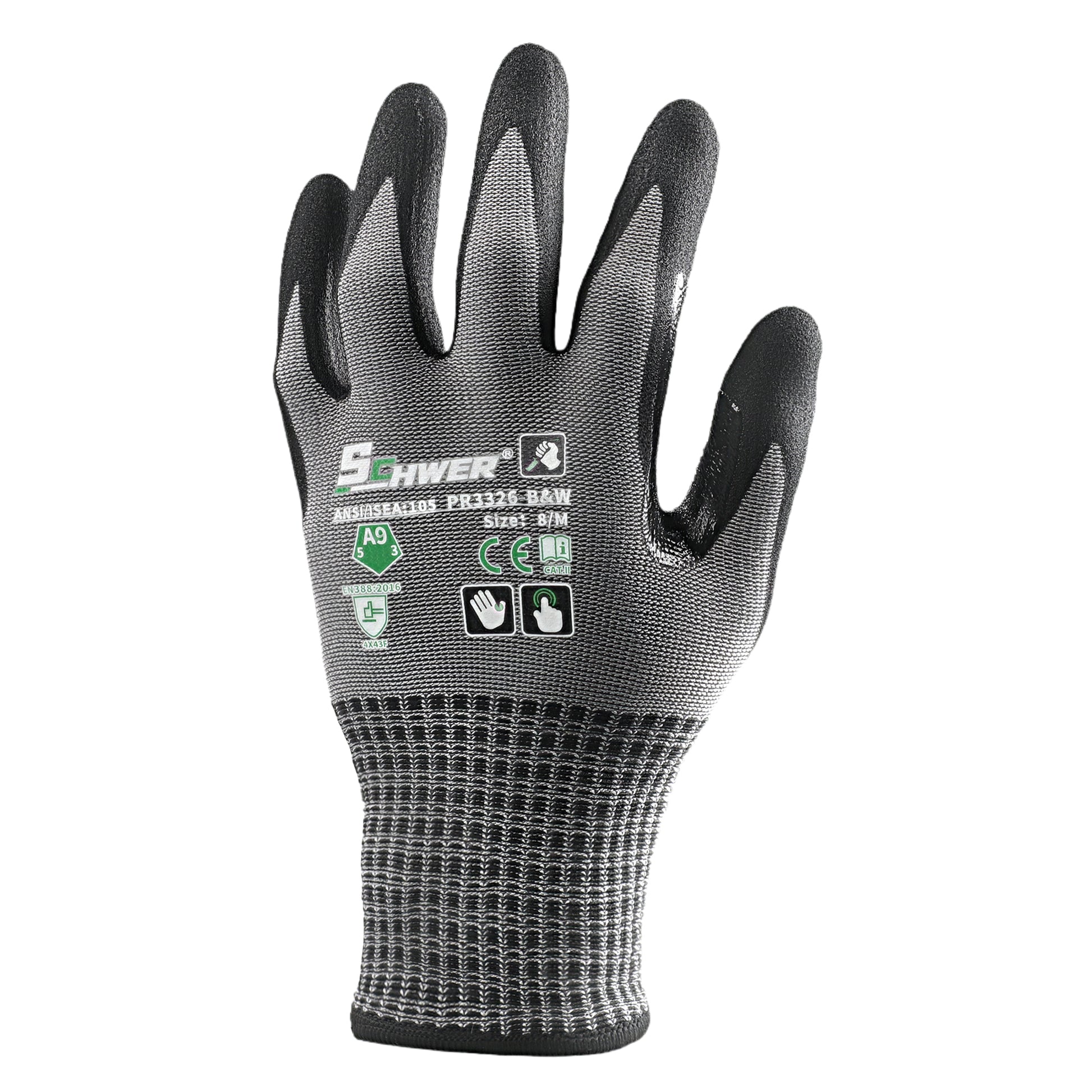 ANSI A9 Cut Resistant Gloves 13-Gauge NBR Sandy Foam Palm Coated Gloves-Schwer® ProMax PR3326-BW